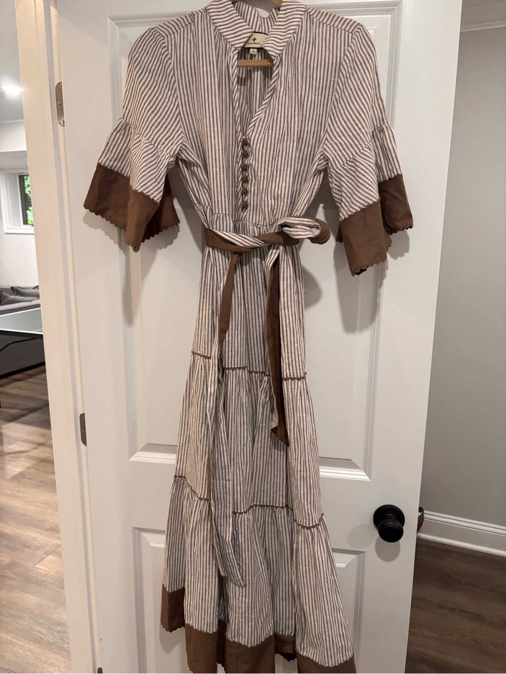 Tuckernuck Cream and Brown Striped Tie-Waist Maxi Dress